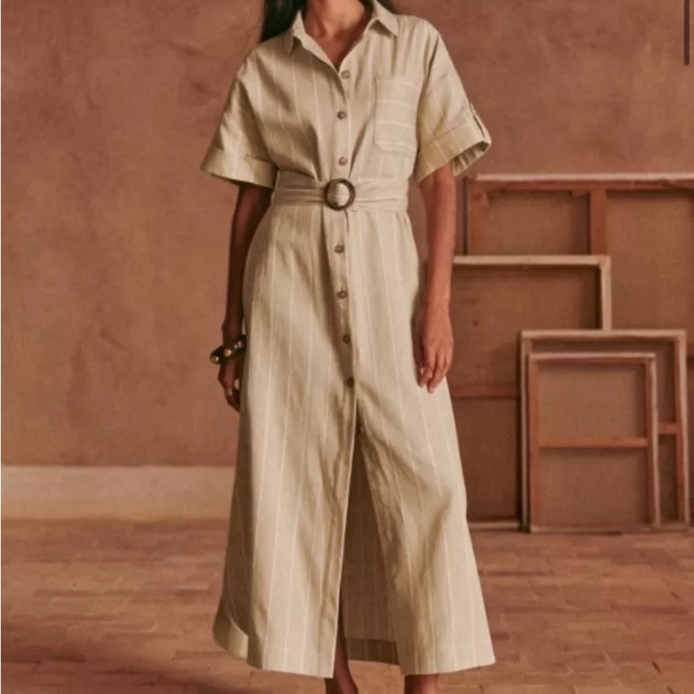 Sezane Alani Shirt Collar Long Dress With Natural Stripes - Women's Size US 4
